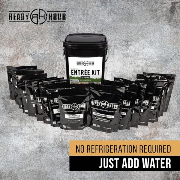 60de7859f7ca4ad9a06e116457893b29 Ready Hour, Emergency Meal Entrées, Real Non-Perishable Meals, 25-Year Shelf Life, Portable Flood-Safe Container, 120 Servings