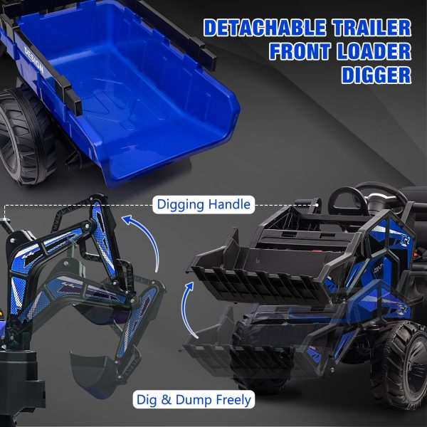 6167b0c330f4402c80eda1e6391a437f 3-in-1 Ride-On Tractor, 24V Electric, Excavator & Bulldozer, Remote Control, LED, Music, USB/Bluetooth max 66 lbs – Bright-blue