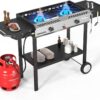 2 Burner Outdoor Propane Gas Stove with Griddle, Auto-ignition, Regulator & Side Shelves, 150,000 BTU Powerful Stand Cooker for Backyard Cooking Home Brewing Canning Frying Grilling