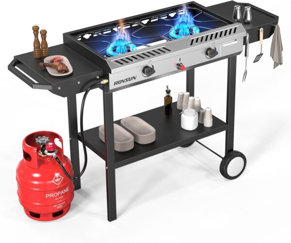 6201ba34eb674044bd09824e224baf4d-1 2 Burner Outdoor Propane Gas Stove with Griddle, Auto-ignition, Regulator & Side Shelves, 150,000 BTU Powerful Stand Cooker for Backyard Cooking Home Brewing Canning Frying Grilling