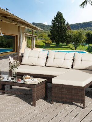 Outdoor Patio Furniture Sets, Wicker Patio sectional Sets 3-Piece, All Weather Wicker Rattan Patio Seating Sofas with Glass Coffee Table and Cushion (Beige)