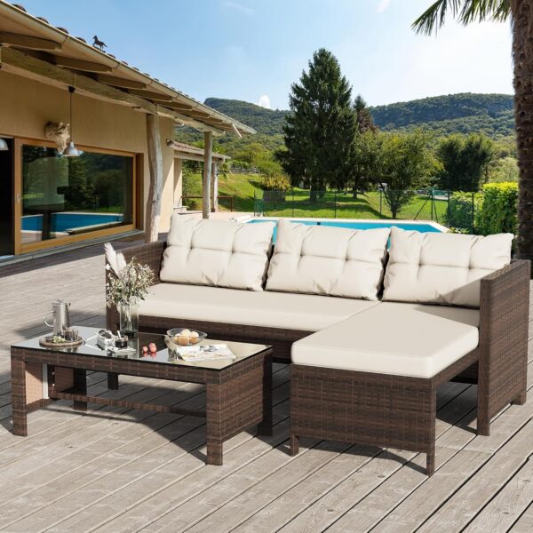 64c179c0ed5242319986e37fa49fd4f5 Outdoor Patio Furniture Sets, Wicker Patio sectional Sets 3-Piece, All Weather Wicker Rattan Patio Seating Sofas with Glass Coffee Table and Cushion (Beige)