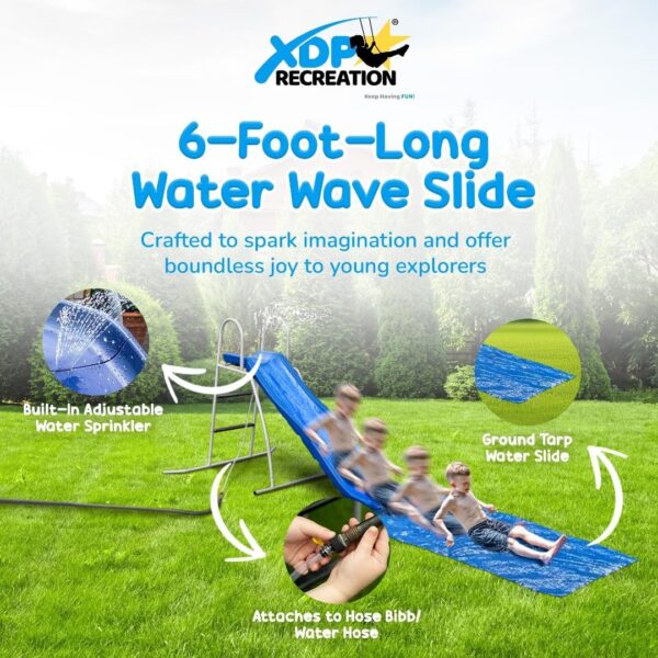 666bb62e6fc24f71a5e5022c33ef2b43 XDP Recreation 6 Foot Water Wave Slide with Built In Adjustable Sprinkler, Freestanding with Ground Pad and Hose Extension for Lawn Fun, Ages 3 to 8