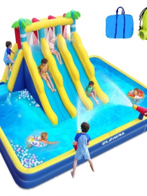 20.66x16.4FT Inflatable Water Slide for Big Kids, Water Park for Kids Backyard with Large Double-Layer Pool,3 Extra-Long Slides,Climbing Wall, 2 Water Cannons, Water Spraying, 750W Air Blower