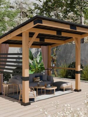 [10x12FT] Heavy Duty Premium Outdoor All-Season Wooden Cedar Hardtop Gazebo With Metal Roof & Back Curtains (SAK57184)