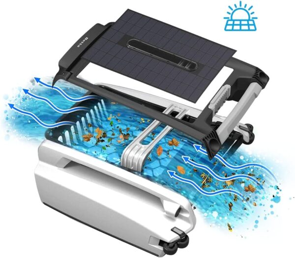 7149e07518f84a0c868d42ae82610af1 Solar Powered Automatic Robotic Pool Surface Skimmer Cleaner with 24/7 Continuous Cleaning Battery Power and Re-Engineered Twin Salt Chlorine Tolerant Motors (Blue)
