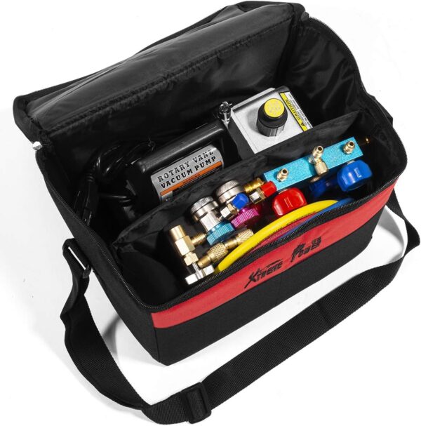 76f2cec511bf4cec88c6fc9f31db9c5a Premium 4CFM Air Vacuum Pump HVAC A/C Refrigeration Kit AC Manifold Gauge Case Set R134a Tap w/Leak Detector and Carrying Tote Bag