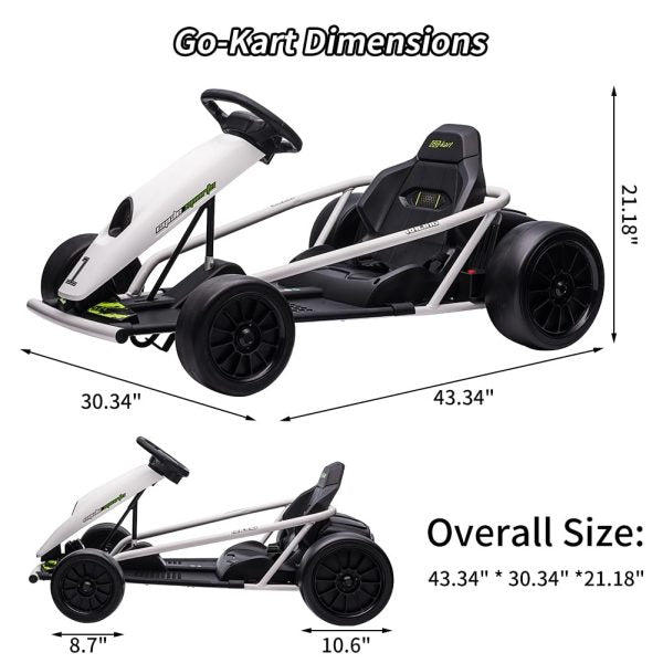 779c5f2b50134972992a0ea6855a0289 24V Go Kart for Kids 8-12, 300W*2 Motors, 9Ah Battery, 8MPH Speed, Music, Horn, 175lbs Max Load – White