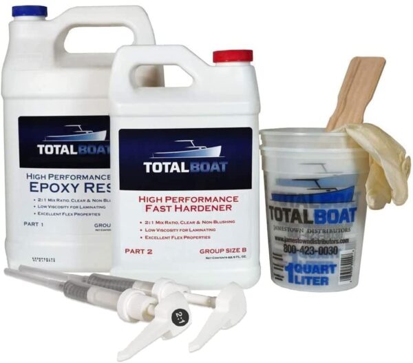 77c27aa08d6f4016b0d2cecf3a7b15ba TotalBoat High Performance Epoxy Kit, Crystal Clear Marine Grade Resin and Hardener for Woodworking, Fiberglass and Wood Boat Building and Repair (2 Gallon, Fast)
