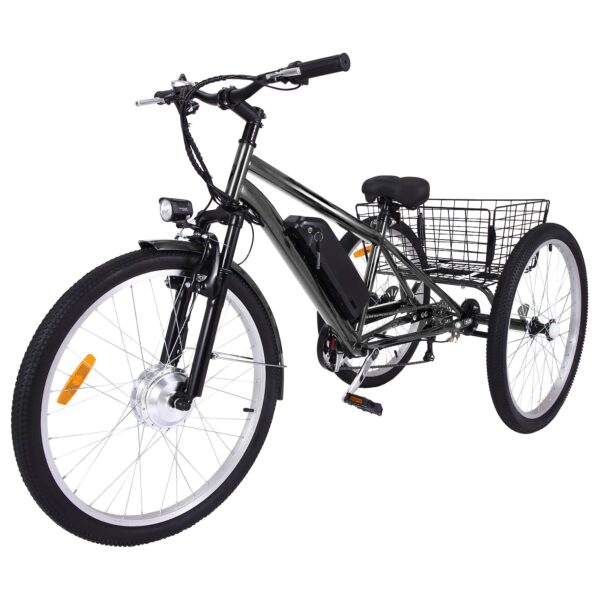 7983fc511cc04b3fa96ff2d36a6d16dc 26 Inch Adult 3 Wheel Electric Tricycle with Basket, Fat Tires,7 Speeds,350W Powerful Motor, 36V 10Ah Removable Battery – Dark Gray