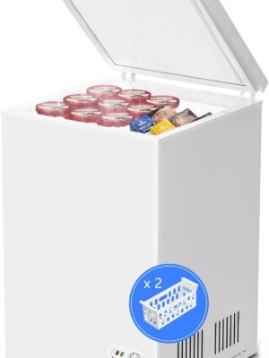3.5 Cubic Feet Chest Freezer with 2 Removable Baskets Free Standing Top Open Door Compact Freezer with Adjustable Temperature for Home/Kitchen/Office/Bar (3.5 Cubic Feet, White)