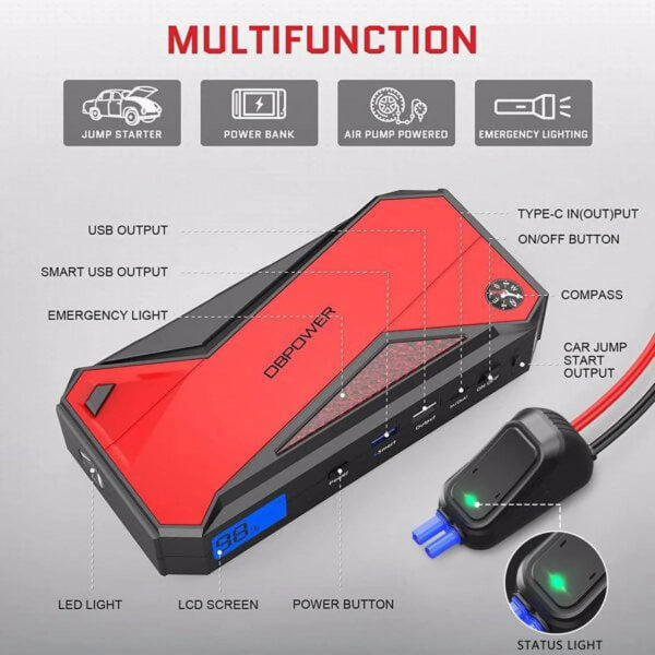 7c855049f6304b4b84d48882abd29c12 Peak 1600A 18000mAh Car Battery Jump Starter, up to 7.2 Gas, 5.5L Diesel Engines, Portable Battery Booster with Smart Charging Port, LCD Display, Intelligent Jumper Clamps, DJS90, Red Black