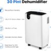 30 Pint Dehumidifier for Home Basements Bedroom Garage, Mid-Size Portable with Continuous Drain Hose Outlet and Wheel, 4 Gallons/Day Intelligent Humidity Control for Space Up to 1500 Sq Ft