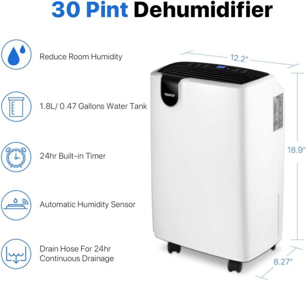 7c923ed6de3c4394b679da9f5a63c4f4 30 Pint Dehumidifier for Home Basements Bedroom Garage, Mid-Size Portable with Continuous Drain Hose Outlet and Wheel, 4 Gallons/Day Intelligent Humidity Control for Space Up to 1500 Sq Ft