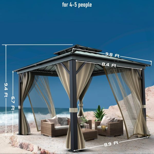 10’x10′ Hardtop Gazebo with double metal roof, aluminum frame, net, and curtain. All-weather, ideal for patio, deck, garden, backyard. Khaki.
