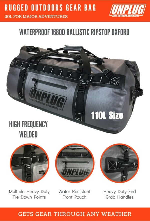 UNPLUG Ultimate Adventure Bag -1680D Heavy Duty Waterproof Travel Duffel Bags for Camping, Motorcycle Dry Bag, Waterproof Bags for Boating, Waterproof Duffle Backpack,Tactical Duffle Bag