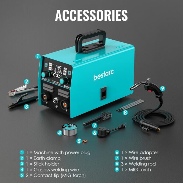145A MIG Welder, 110V/220V Dual Voltage Gas/Gasless Flux Core MIG Welder/Lift TIG/Stick 3 in 1 Synergic MIG145 9GEN Welding Machine, Flux/Solid Welder Digital Screen Display