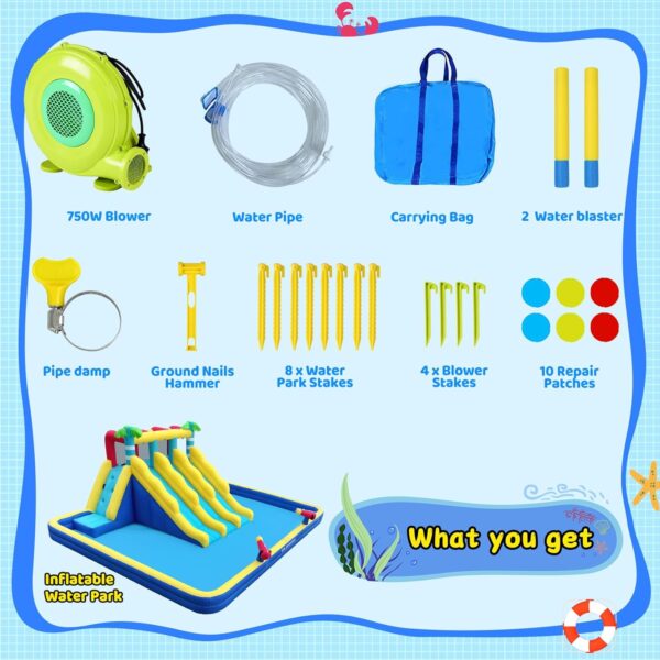 8947dc1490694734ab797697b088ba85 20.66x16.4FT Inflatable Water Slide for Big Kids, Water Park for Kids Backyard with Large Double-Layer Pool,3 Extra-Long Slides,Climbing Wall, 2 Water Cannons, Water Spraying, 750W Air Blower