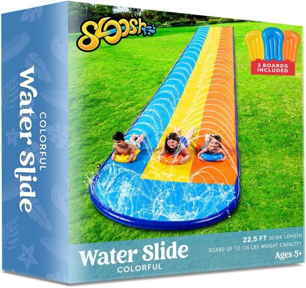 89886a702bba451c9576ea3cb7beb110 Sloosh Triple Water Slide with 3 BodyBoards, 22.5FT Lawn Water Splash Slip and Slide Summer Toy Splash Pad with Build in Advanced Sprinkler for Kids Adults Backyard Summer Water Fun