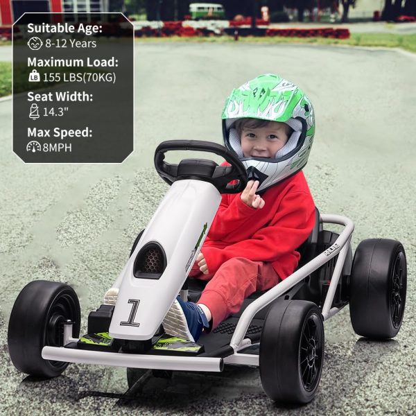 8ace43eb44fb4feeba042ae063b6c9c6 24V Go Kart for Kids 8-12, 300W*2 Motors, 9Ah Battery, 8MPH Speed, Music, Horn, 175lbs Max Load – White