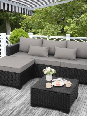 3 Pieces Patio Furniture Set with Ottoman and Outdoor Storage Table