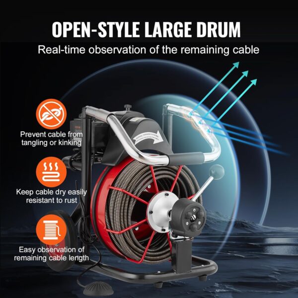 8e18fbb5ff3841d382ade0b9b0e05f1e VEVOR Drain Cleaner Machine 100FT x 1/2 Inch, Auto Feed Sewer Snake Auger on Wheels, 550W Portable Drain Cleaning Machine with 8 Cutters & Air-activated Foot Switch for 2" to 4" Pipes