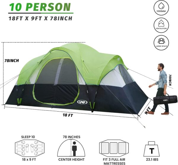 905e97db44994fda97f03fb29938f075 UNP Camping Tent 10-Person-Family Tents, Parties, Music Festival Tent, Big, Easy Up, 5 Large Mesh Windows, Double Layer, 2 Room, Waterproof, Weather Resistant, 18ft x 9ft x78in