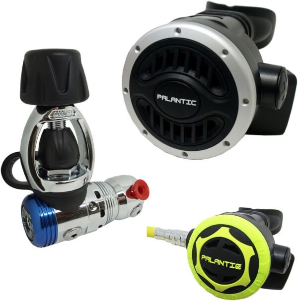 922e5c422cb947c595209c2a7db327d4 Palantic AS103 Yoke Regulator & Octopus Combo for Scuba Diving | High-Performance Over-Balanced Regulator, Silicone Mouthpiece, 27" Hose, Large Purge Button, 36" Yellow Octopus Hose