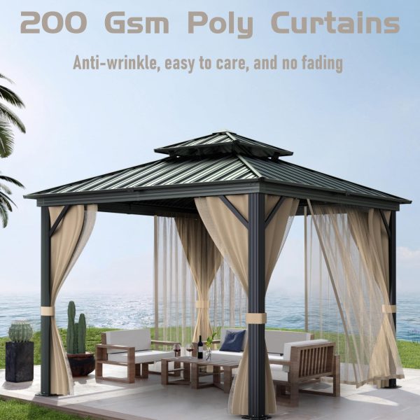 10’x10′ Hardtop Gazebo with double metal roof, aluminum frame, net, and curtain. All-weather, ideal for patio, deck, garden, backyard. Khaki.