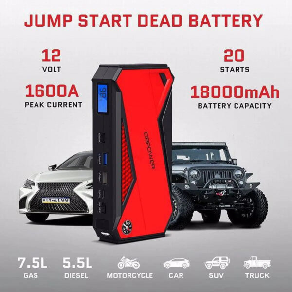 957906c5e4c442e180fcbf91c97ddcee Peak 1600A 18000mAh Car Battery Jump Starter, up to 7.2 Gas, 5.5L Diesel Engines, Portable Battery Booster with Smart Charging Port, LCD Display, Intelligent Jumper Clamps, DJS90, Red Black