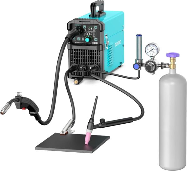 145A MIG Welder, 110V/220V Dual Voltage Gas/Gasless Flux Core MIG Welder/Lift TIG/Stick 3 in 1 Synergic MIG145 9GEN Welding Machine, Flux/Solid Welder Digital Screen Display