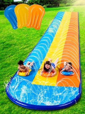 Sloosh Triple Water Slide with 3 BodyBoards, 22.5FT Lawn Water Splash Slip and Slide Summer Toy Splash Pad with Build in Advanced Sprinkler for Kids Adults Backyard Summer Water Fun