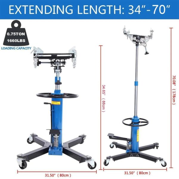 1660 Pounds Hydraulic Car Transmission Jack Vertical Lift with 360° Swivel Wheel Pedal ,Blue,33"-70"(0.75Ton)