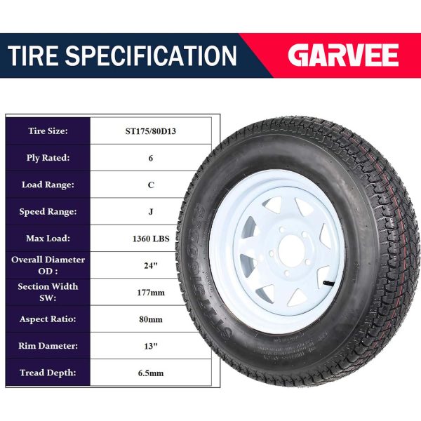 9b5dcb9dd0344c70b87719d6111f659a Set of 2 Trailer Tires Rims 175-80 5 Lug 6PR White Spoke Wheel Load Range C