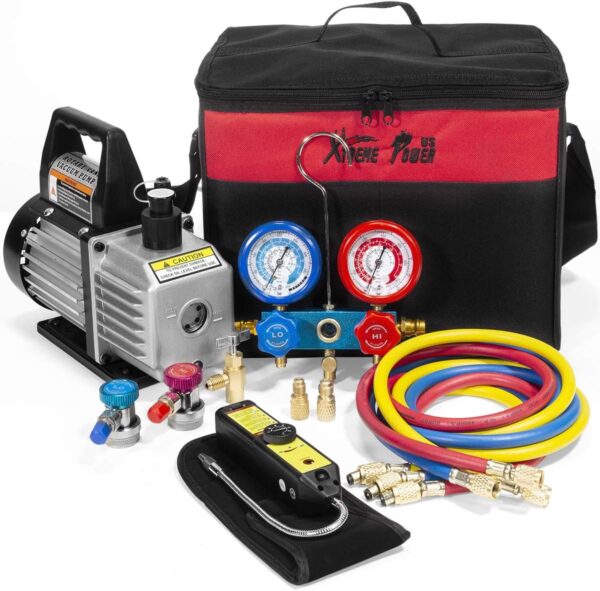 9ddfb0a3e2114edca46d35b303136114 Premium 4CFM Air Vacuum Pump HVAC A/C Refrigeration Kit AC Manifold Gauge Case Set R134a Tap w/Leak Detector and Carrying Tote Bag