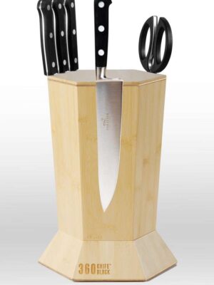 360 Knife Block �� Blonde Bamboo ROTATING �� Magnetic �� BEST Universal Knife Block