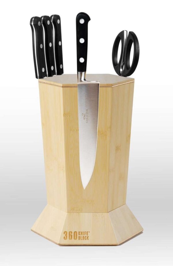 a36227783c9044dfb105d6493d0a8535 360 Knife Block �� Blonde Bamboo ROTATING �� Magnetic �� BEST Universal Knife Block