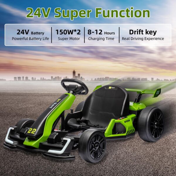 a5efea67349d45cba4fb193ec860c53e 24V Electric Go Kart, with 300W Strong Motor, Drift/Sport Mode, Big Battery, Eva Tire,Length Adjustmen for Outdoor Racing Toy-Green