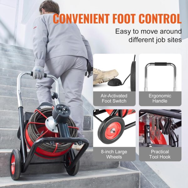 a5fb3bad057b4bf8a85588aa8262ad1c VEVOR Drain Cleaner Machine 100FT x 1/2 Inch, Auto Feed Sewer Snake Auger on Wheels, 550W Portable Drain Cleaning Machine with 8 Cutters & Air-activated Foot Switch for 2" to 4" Pipes
