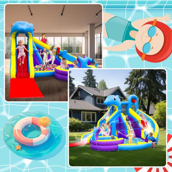 a9b2776625b64c18b9fb8d2b5149c604 11-in-1 Inflatable Water Slide & Dolphin Bounce House w/2 Long Slides, 19.7 Ft x 13.1 Ft Extra Large Waterslide Climbing Wall w/Small Deeper Pool,Water Cannons,Hoop for Kids Backyard,550W Blower
