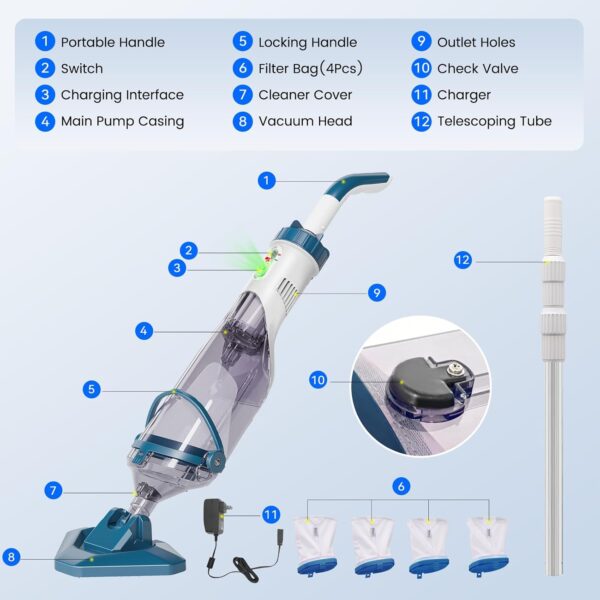 aaf3b56a2a4a45d6ae6d4b9e5f237d35 Pool Vacuum for Above Ground Pool with a Telescopic Pole, Running time up to 1H, T403 Handheld Rechargeable Pool Cleaner with Powerful Suction up to 18.5 gallons/min, Ideal for Leaves, Debris