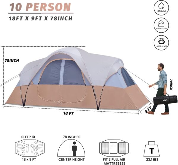 acd6f09fb77549abb54d097c8ff5c559 UNP Camping Tent 10-Person-Family Tents, Parties, Music Festival Tent, Big, Easy Up, 5 Large Mesh Windows, Double Layer, 2 Room, Waterproof, Weather Resistant, 18ft x 9ft x78in