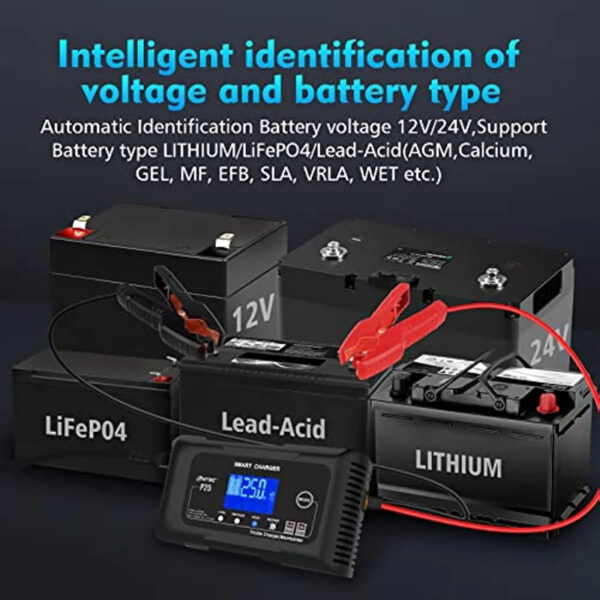 ad5f403aae944e5fb6ec0ec8cd3a70fb 25-Amp Smart Battery Charger,Lithium,LiFePO4,Lead-Acid AGM/Gel/SLA.. Car Battery Charger,Trickle Charger, Maintainer/deep Cycle Charger,12V/25A and 24V/13A,for Motorcy,Boat,Lawn Mower,Golf cart..
