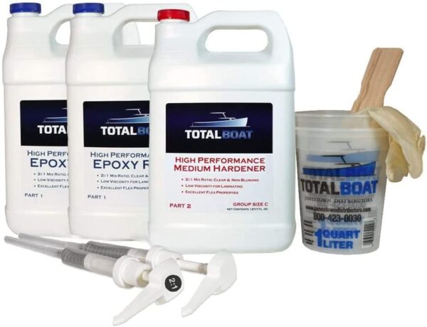b1c0926bf2cd4c9eae42f597880ccabf TotalBoat High Performance Epoxy Kit, Crystal Clear Marine Grade Resin and Hardener for Woodworking, Fiberglass and Wood Boat Building and Repair (2 Gallon, Fast)