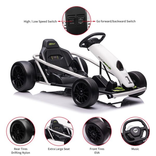 b258fe17f8014479bb9da1dc3af8594a 24V Go Kart for Kids 8-12, 300W*2 Motors, 9Ah Battery, 8MPH Speed, Music, Horn, 175lbs Max Load – White
