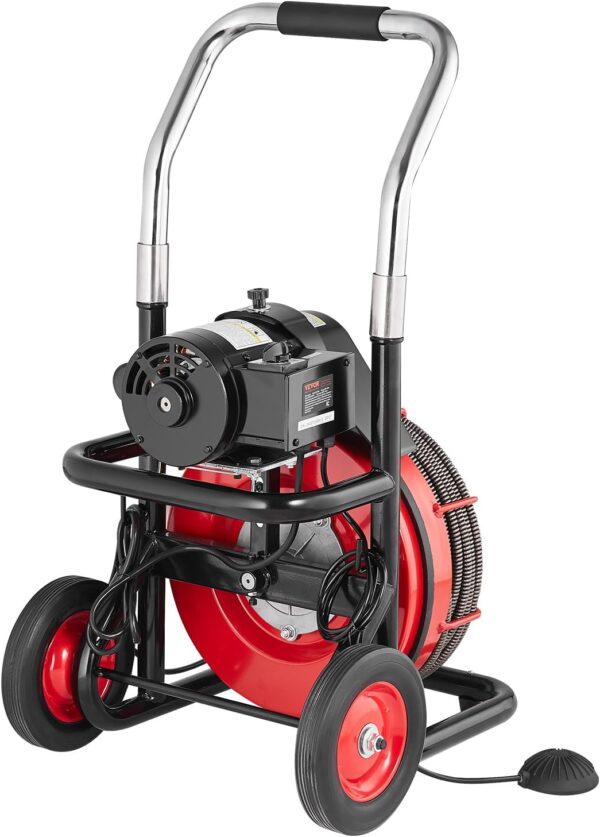 b6cbe27ea2e74951b8a7eebfb4514f0d VEVOR Drain Cleaner Machine 100FT x 1/2 Inch, Auto Feed Sewer Snake Auger on Wheels, 550W Portable Drain Cleaning Machine with 8 Cutters & Air-activated Foot Switch for 2" to 4" Pipes