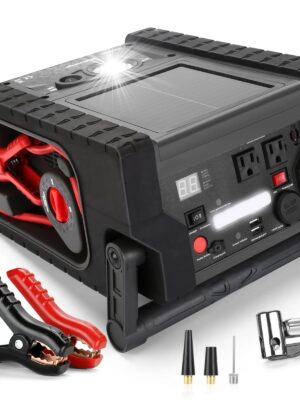 ZD-529 Solar Portable Power Station 2000 Amps Jump Starter, 260 PSI Air Compressor, 12V Car Battery Charger with 400W Inverter Dual AC/DC/USB Output, Emergency Backup Power with Flashlights