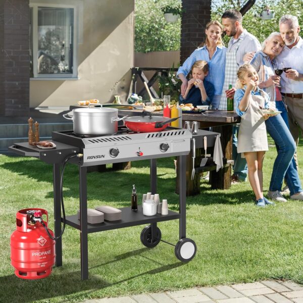 bb44b26e754a44e4bcbf215c9843c593 2 Burner Outdoor Propane Gas Stove with Griddle, Auto-ignition, Regulator & Side Shelves, 150,000 BTU Powerful Stand Cooker for Backyard Cooking Home Brewing Canning Frying Grilling