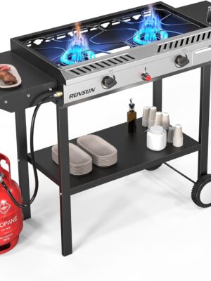 2 Burner Outdoor Propane Gas Stove with Griddle, Auto-ignition, Regulator & Side Shelves, 150,000 BTU Powerful Stand Cooker for Backyard Cooking Home Brewing Canning Frying Grilling