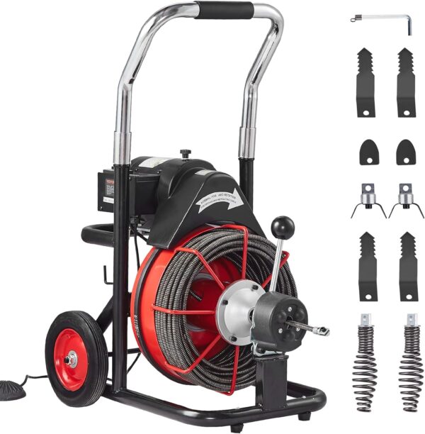 bd3e8bb84e434c5a8accd5cef25ac75e VEVOR Drain Cleaner Machine 100FT x 1/2 Inch, Auto Feed Sewer Snake Auger on Wheels, 550W Portable Drain Cleaning Machine with 8 Cutters & Air-activated Foot Switch for 2" to 4" Pipes
